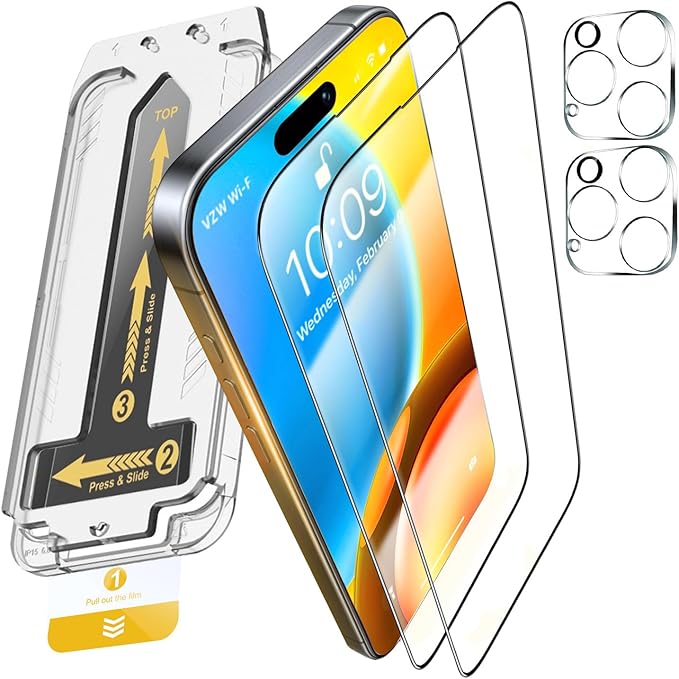 iPhone 15 Plus Glass Protector 2-Pack β 9H Shatterproof, Full Coverage, Anti-Scratch/Fingerprint