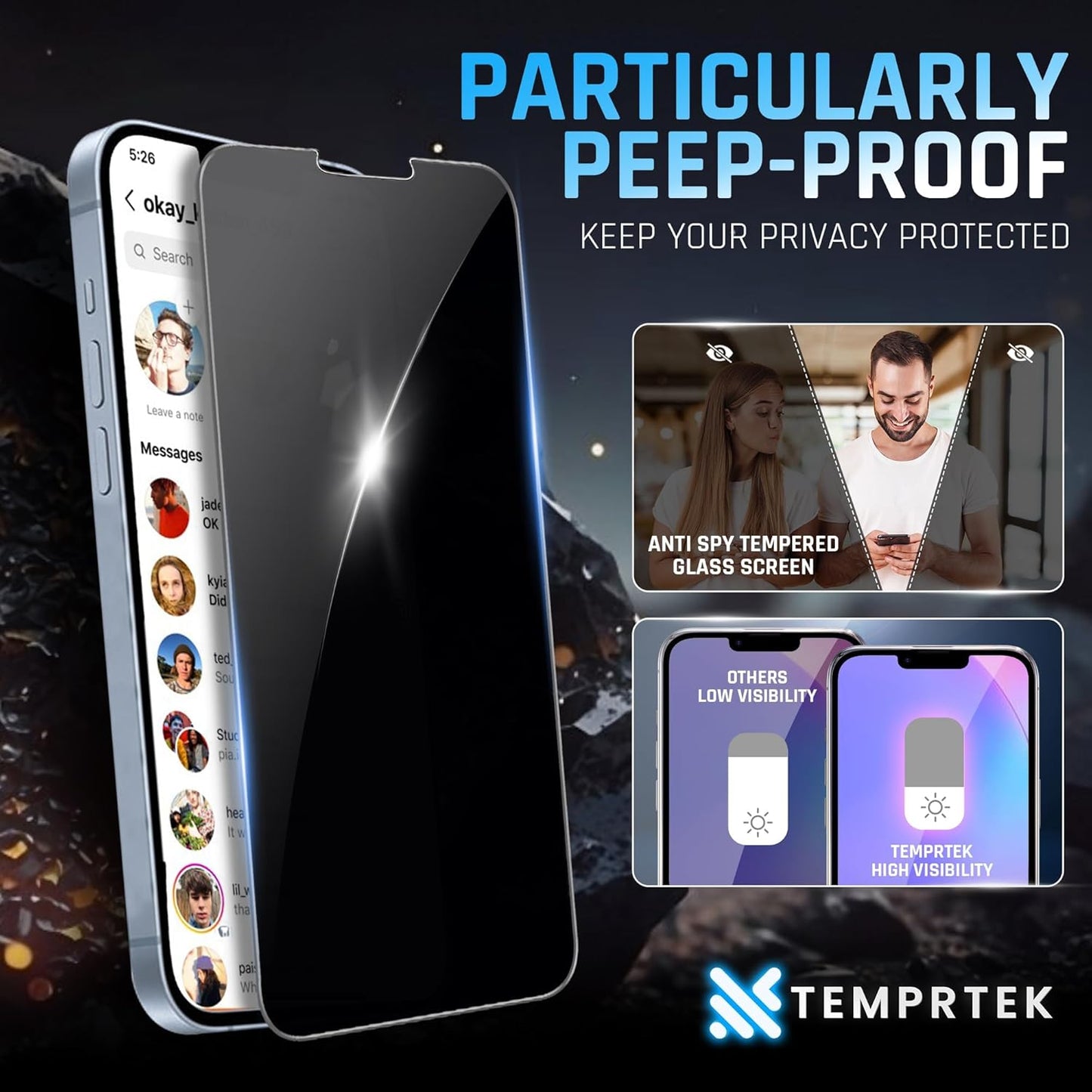 iPhone 13 Pro Max/14 Plus Privacy Glass 2-Pack – 9H, Anti-Spy, Shatterproof, Full Coverage
